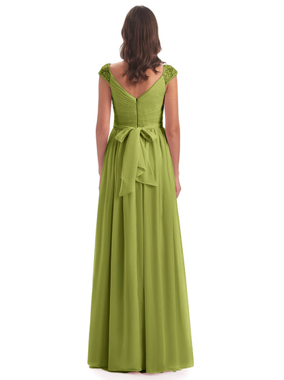 Arely Cap Sleeves Chiffon Long Bridesmaid Dresses