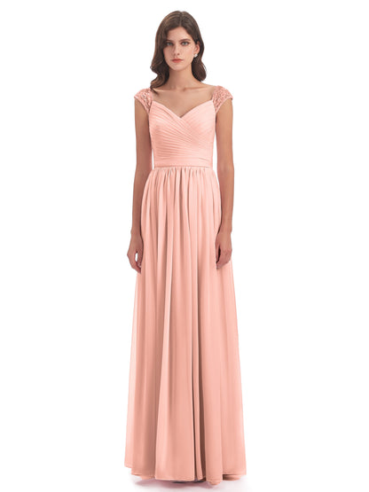 Arely Cap Sleeves Chiffon Long Bridesmaid Dresses
