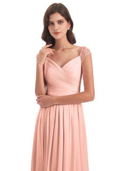 Arely Cap Sleeves Chiffon Long Bridesmaid Dresses