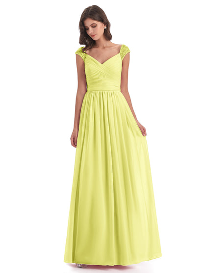 Arely Cap Sleeves Chiffon Long Bridesmaid Dresses
