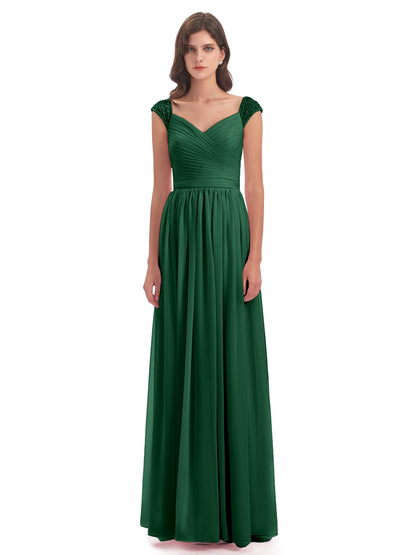 Arely Cap Sleeves Chiffon Long Bridesmaid Dresses