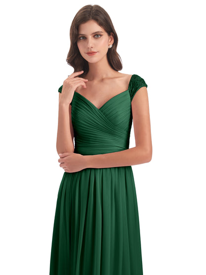 Arely Cap Sleeves Chiffon Long Bridesmaid Dresses