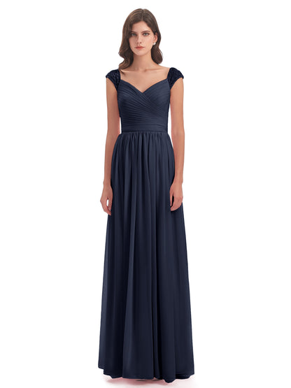 Arely Cap Sleeves Chiffon Long Bridesmaid Dresses