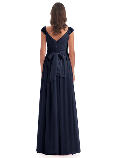 Arely Cap Sleeves Chiffon Long Bridesmaid Dresses