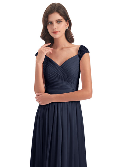 Arely Cap Sleeves Chiffon Long Bridesmaid Dresses
