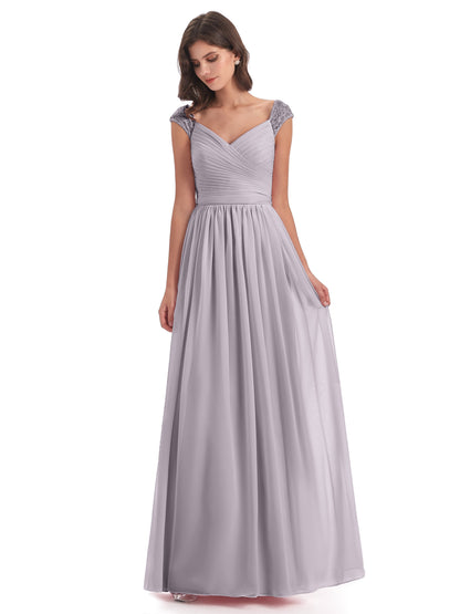 Arely Cap Sleeves Chiffon Long Bridesmaid Dresses
