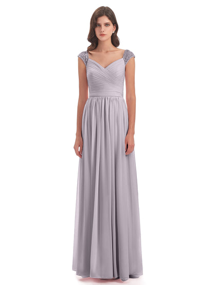 Arely Cap Sleeves Chiffon Long Bridesmaid Dresses