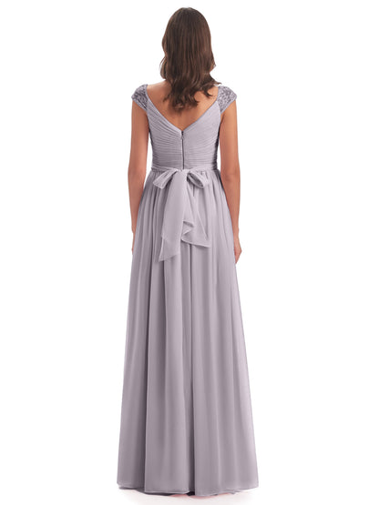 Arely Cap Sleeves Chiffon Long Bridesmaid Dresses