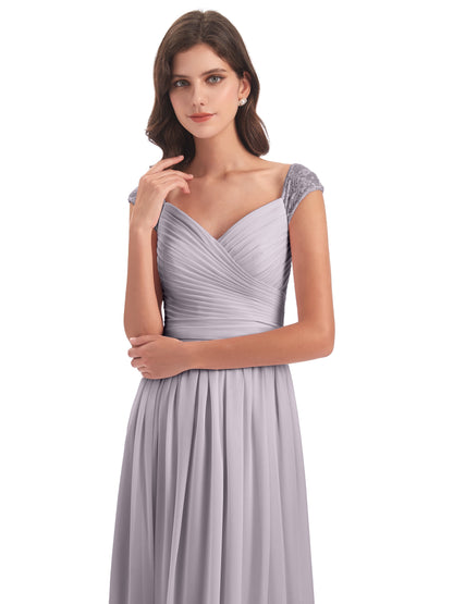 Arely Cap Sleeves Chiffon Long Bridesmaid Dresses