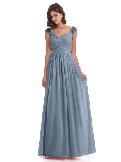Arely Cap Sleeves Chiffon Long Bridesmaid Dresses