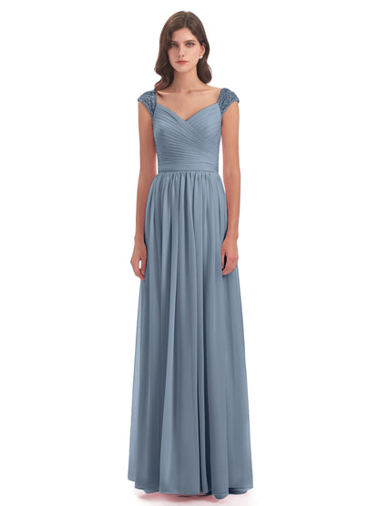 Arely Cap Sleeves Chiffon Long Bridesmaid Dresses
