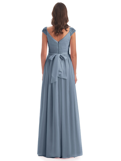 Arely Cap Sleeves Chiffon Long Bridesmaid Dresses