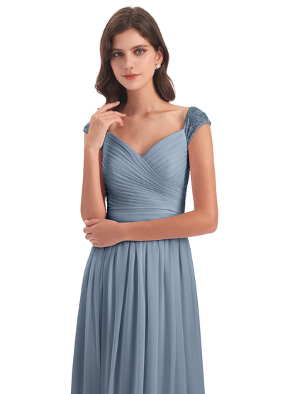 Arely Cap Sleeves Chiffon Long Bridesmaid Dresses