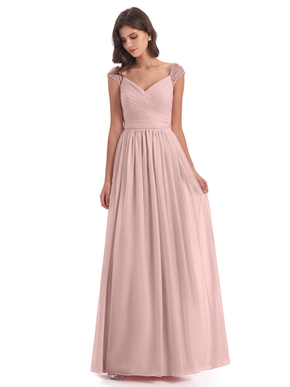 Arely Cap Sleeves Chiffon Long Bridesmaid Dresses