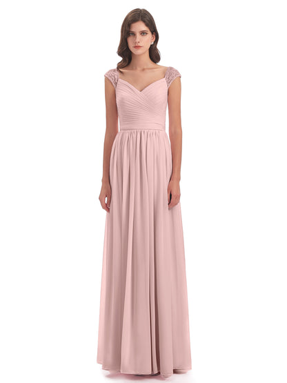 Arely Cap Sleeves Chiffon Long Bridesmaid Dresses