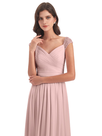 Arely Cap Sleeves Chiffon Long Bridesmaid Dresses
