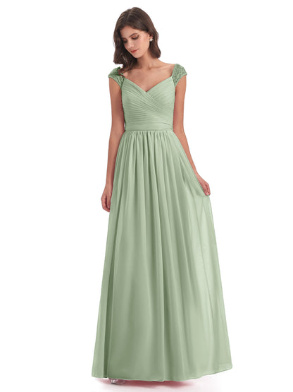 Arely Cap Sleeves Chiffon Long Bridesmaid Dresses