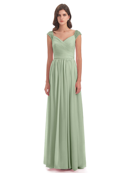 Arely Cap Sleeves Chiffon Long Bridesmaid Dresses