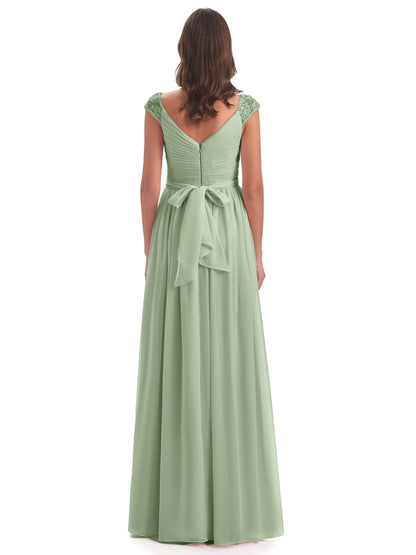 Arely Cap Sleeves Chiffon Long Bridesmaid Dresses