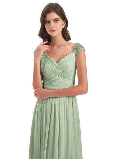 Arely Cap Sleeves Chiffon Long Bridesmaid Dresses