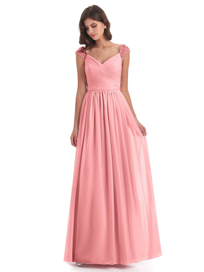 Arely Cap Sleeves Chiffon Long Bridesmaid Dresses