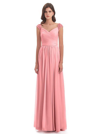 Arely Cap Sleeves Chiffon Long Bridesmaid Dresses