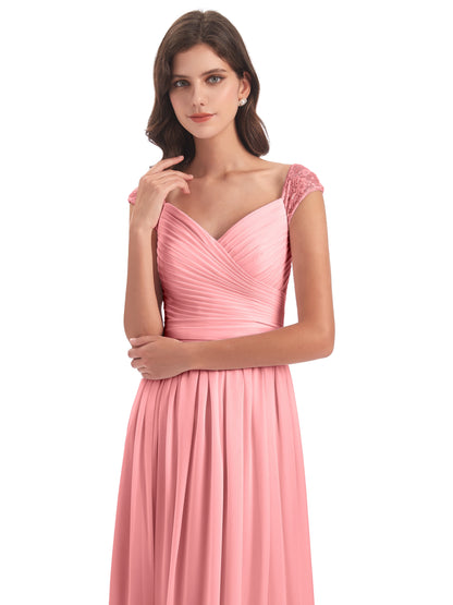 Arely Cap Sleeves Chiffon Long Bridesmaid Dresses