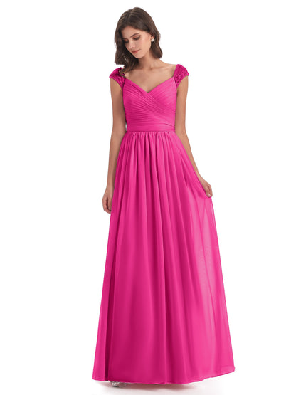 Arely Cap Sleeves Chiffon Long Bridesmaid Dresses