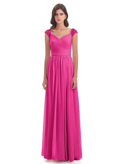 Arely Cap Sleeves Chiffon Long Bridesmaid Dresses