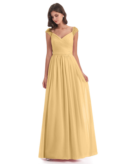 Arely Cap Sleeves Chiffon Long Bridesmaid Dresses