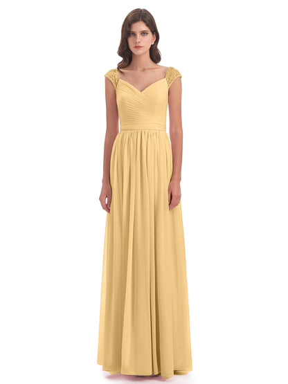 Arely Cap Sleeves Chiffon Long Bridesmaid Dresses