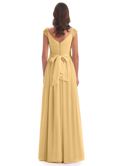 Arely Cap Sleeves Chiffon Long Bridesmaid Dresses