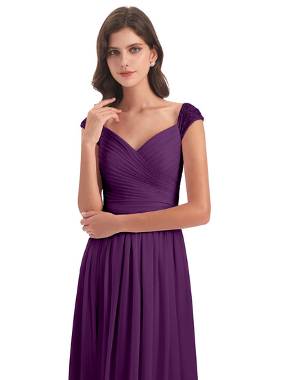 Arely Cap Sleeves Chiffon Long Bridesmaid Dresses