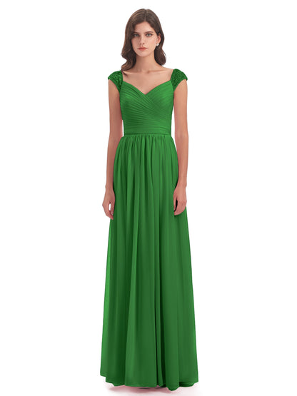Arely Cap Sleeves Chiffon Long Bridesmaid Dresses