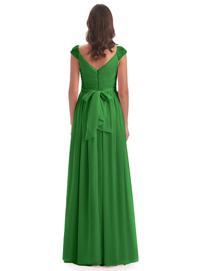Arely Cap Sleeves Chiffon Long Bridesmaid Dresses