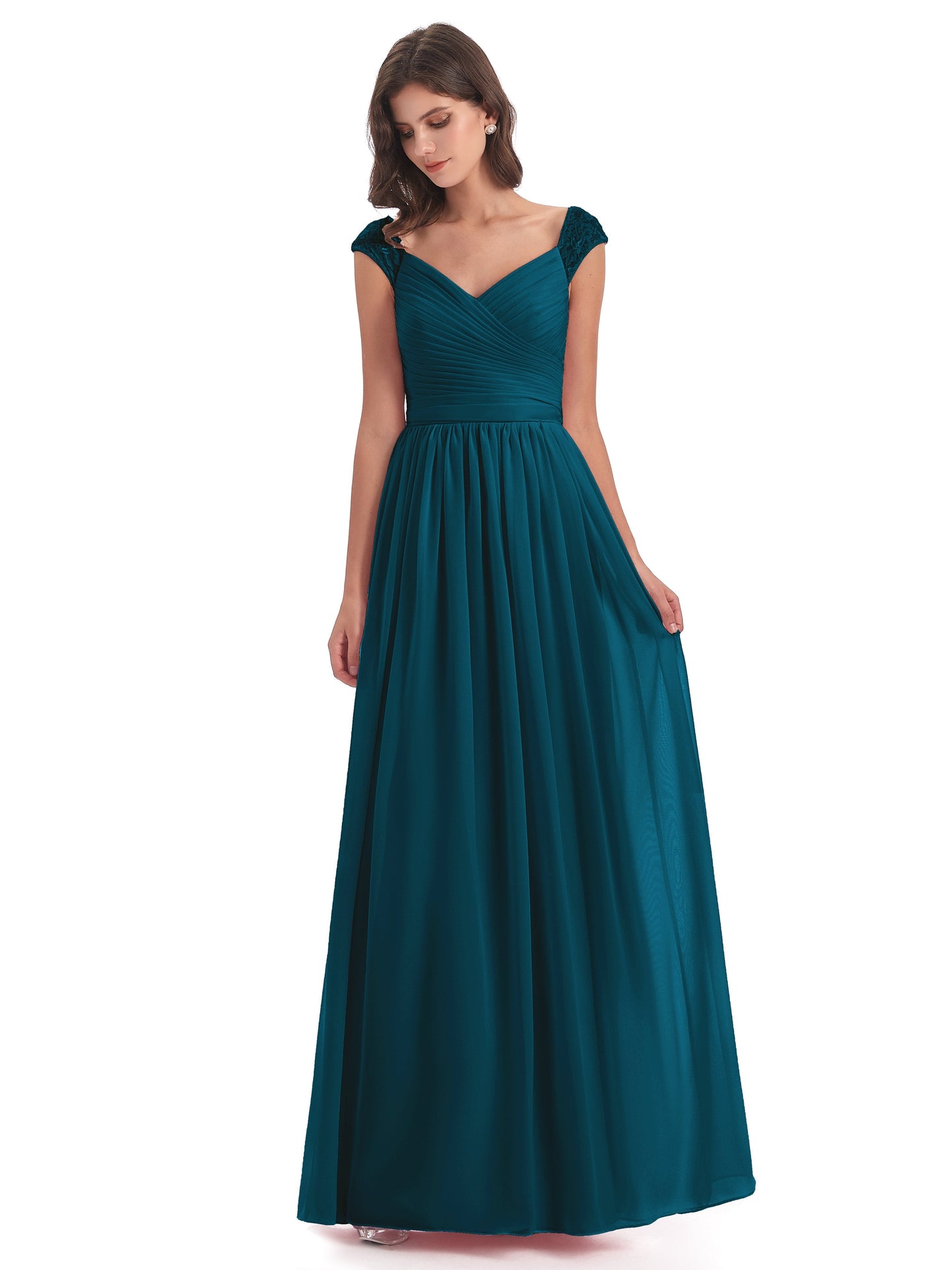 Arely Cap Sleeves Chiffon Long Bridesmaid Dresses