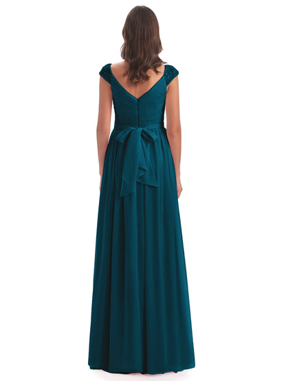 Arely Cap Sleeves Chiffon Long Bridesmaid Dresses