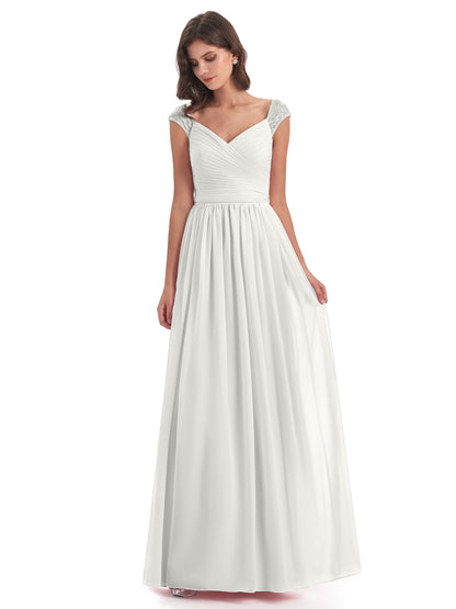 Arely Cap Sleeves Chiffon Long Bridesmaid Dresses