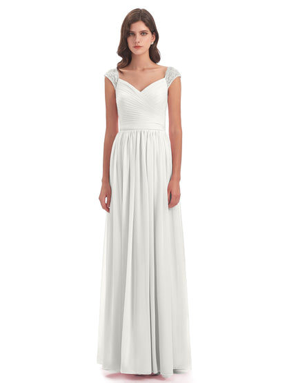 Arely Cap Sleeves Chiffon Long Bridesmaid Dresses