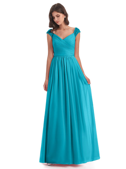 Arely Cap Sleeves Chiffon Long Bridesmaid Dresses