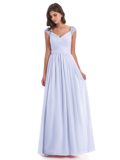 Arely Cap Sleeves Chiffon Long Bridesmaid Dresses
