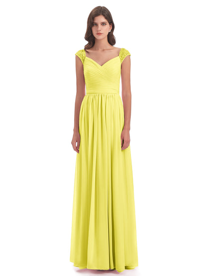 Arely Cap Sleeves Chiffon Long Bridesmaid Dresses