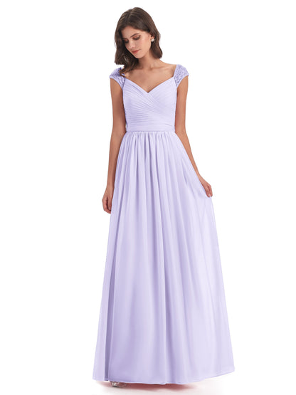 Arely Cap Sleeves Chiffon Long Bridesmaid Dresses