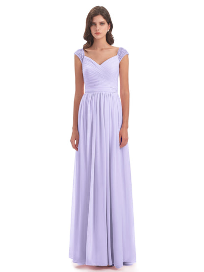 Arely Cap Sleeves Chiffon Long Bridesmaid Dresses