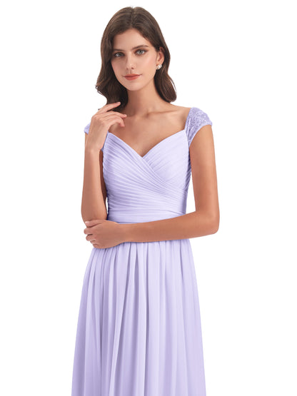 Arely Cap Sleeves Chiffon Long Bridesmaid Dresses