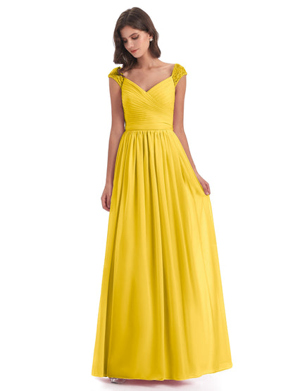 Arely Cap Sleeves Chiffon Long Bridesmaid Dresses