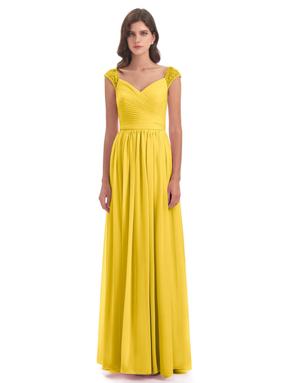 Arely Cap Sleeves Chiffon Long Bridesmaid Dresses