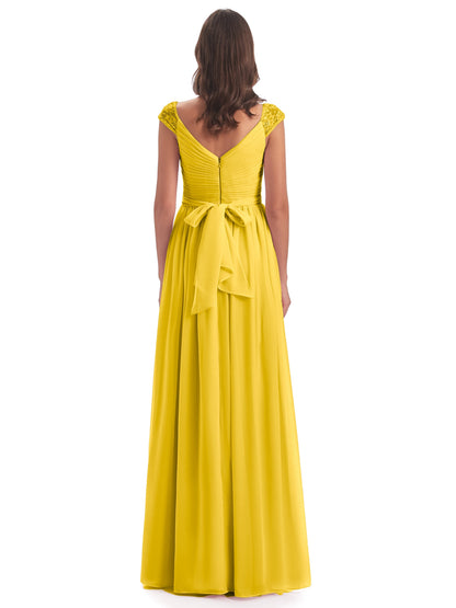 Arely Cap Sleeves Chiffon Long Bridesmaid Dresses