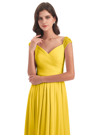 Arely Cap Sleeves Chiffon Long Bridesmaid Dresses