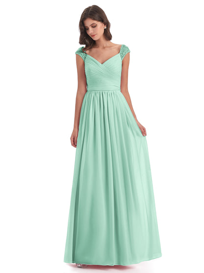 Arely Cap Sleeves Chiffon Long Bridesmaid Dresses